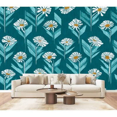 Papiers peints adhésifs à fleurs de camomille à motif de fleurs de printemps H 100 po x l 144 po Papier mural amovible en PVC auto-adhésif pour chambre à coucher, bureau à domicile