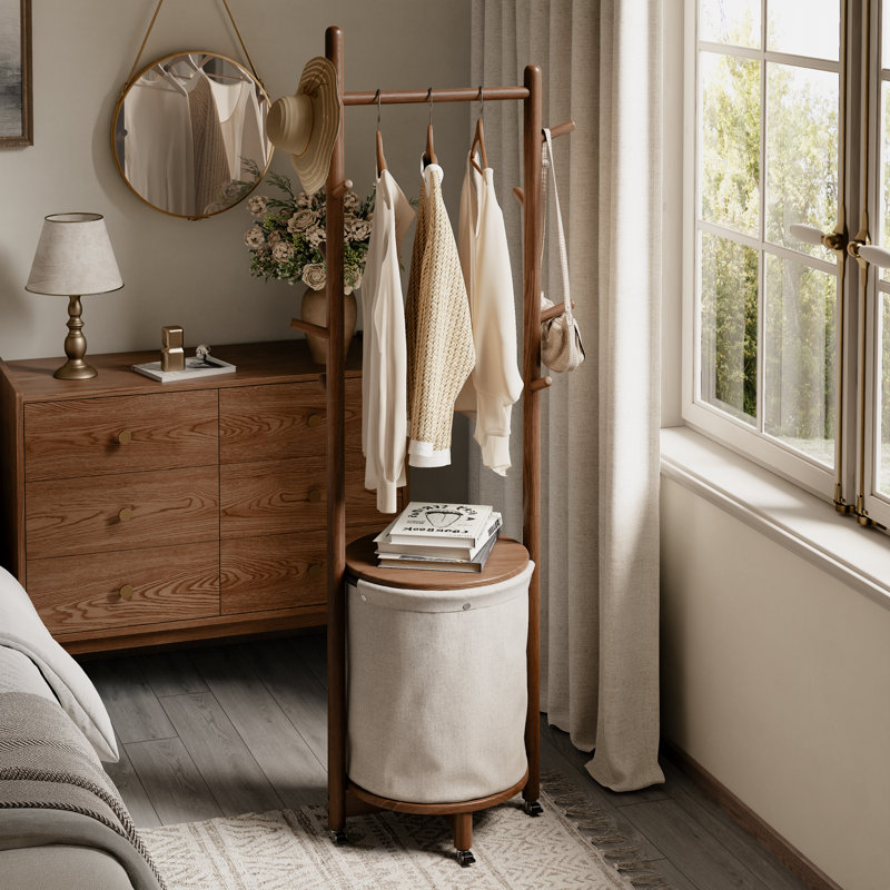 Portemanteau multifonctionnel en bois massif avec panier à linge amovible, Brun