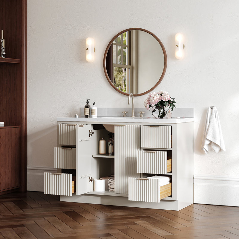 Meuble-lavabo simple en bois massif de 54 po avec plateau en quartz blanc chaud de 1,5 po Haun de Haun, Rectangulaire, 54"