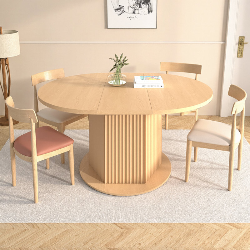 Table de salle à manger extensible ronde brun clair pour 6 personnes avec base à texture hexagonale, plateau en bois aggloméré