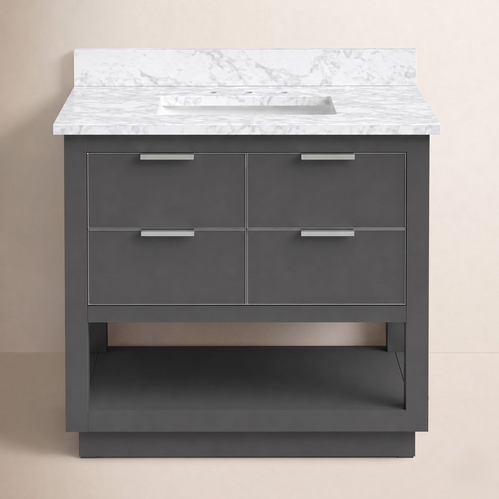Allie Single Bathroom Vanity, Twilight Gray, 36"W, Carrara White Marble/Silver