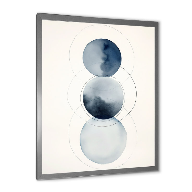 «Essential Circles Retro», aquarelle bleue sur toile, H 32 po x l 24 po x P 1 po, Cadre simple argenté
