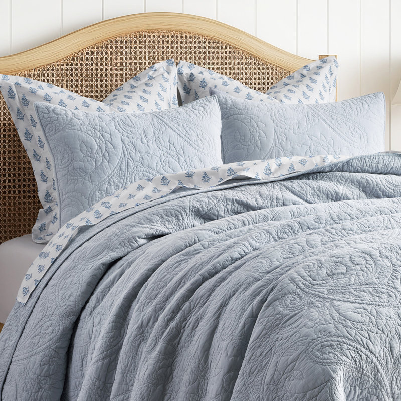 Paisley 100% Cotton Quilt Set 3 Pieces, Pearl Blue, Queen Quilt + 2 Standard Shams