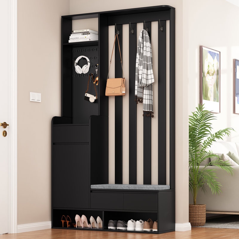 Contemporain l 39,3 po x H 70,8 po avec banc de rangement rembourré, armoire à chaussures multifonctionnelle avec panneau perforé, portemanteau moderne avec 4 crochets pour le vestibule, vestibule