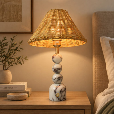 Lampe de table avec base en marbre de 48 cm et abat-jour en rotin tressé