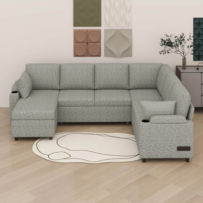 Versatile Convertible Sleeper Sofa Bed U-Shaped Couch With Ample Storage Space, Two Cup Holders And Charging Ports