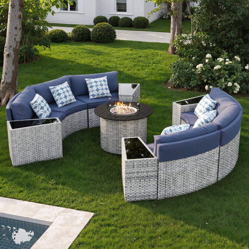 6 - Person Fully Assembled Curved Patio Conversation Set With Side Table, Navy,  Yes 