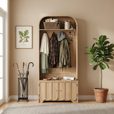 Narrow Hall Tree with Storage Bench, 70" Arched Entryway Coat Rack with 4 Hooks & 2 Recessed Doors, Farmhouse Hallway Storage Furniture, Natural Oak Finish