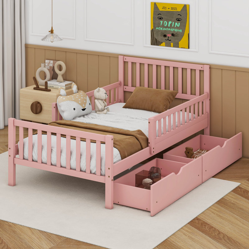 Twin Size Wood Platform Bed with Guardrails On Both Sides And Two Drawers, Pink