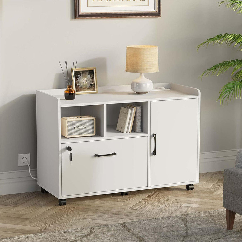 Mobile Lateral Filing Cabinet with Charging Station and Locking Drawer, Printer Stand with Open Storage Shelf with Wheels, for Letter/A4/Legal Size Files, White