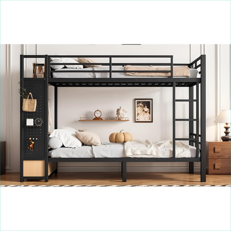 Lit superposé simple en métal au-dessus de simple TG avec rangement intégré et panneau perforé personnalisable en noir élégant