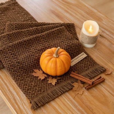 Chemin de table marron en macramé, style bohème, idéal pour l'automne et l'Action de grâce, 33 x 229 cm
