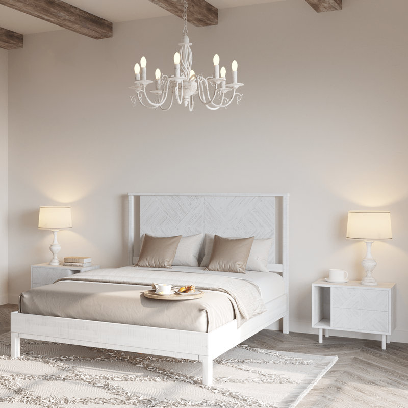 Ethan Solid Wood Platform Bed with Headboard, Rustic Bed Frame, Queen, Rustic White