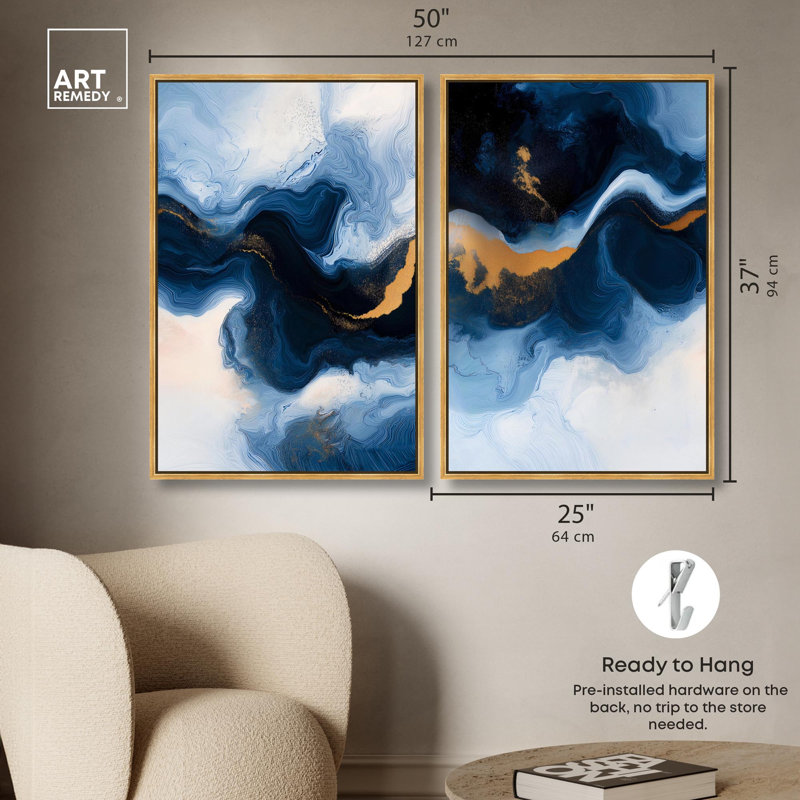 Impression sur toile « Blue Deep Harmony » - Ensemble artistique bleu et sauge par Art Remedy, cadre noir, 24 x 36