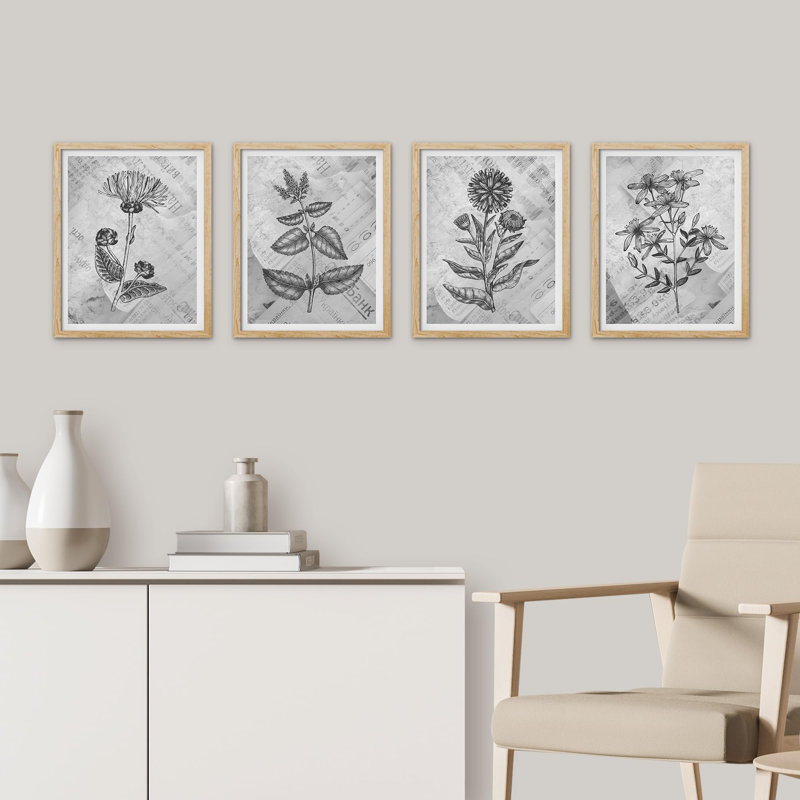Abstract Black Flower Botanical - ensemble de 4 reproductions de cadres photo simples, Naturel, H 14 po x l 11 po