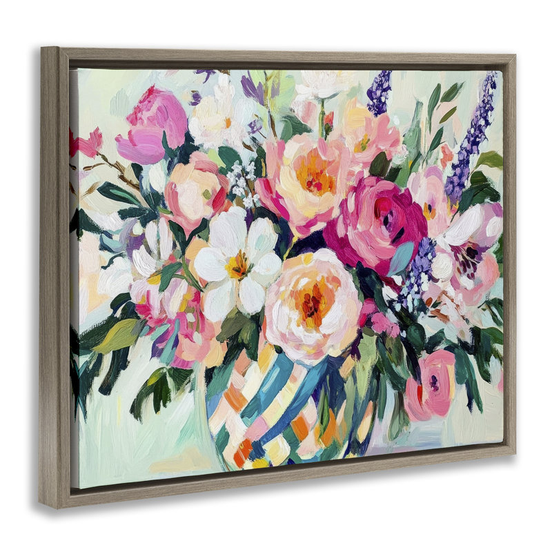 Bouquet coloré dans un vase flottant printanier, design par Petal Prints Design, Cadre flottant orme Montalcino