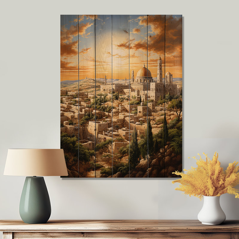Judaïsme, paysage urbain de Jérusalem I sur bois, H 40 po x l 30 po x P 0,78 po