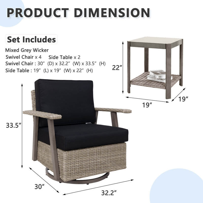 6-pieces 360 Degree Oversized Resin Wicker Outdoor Swivel Rocking Patio Chair With Table And Cushion, Black