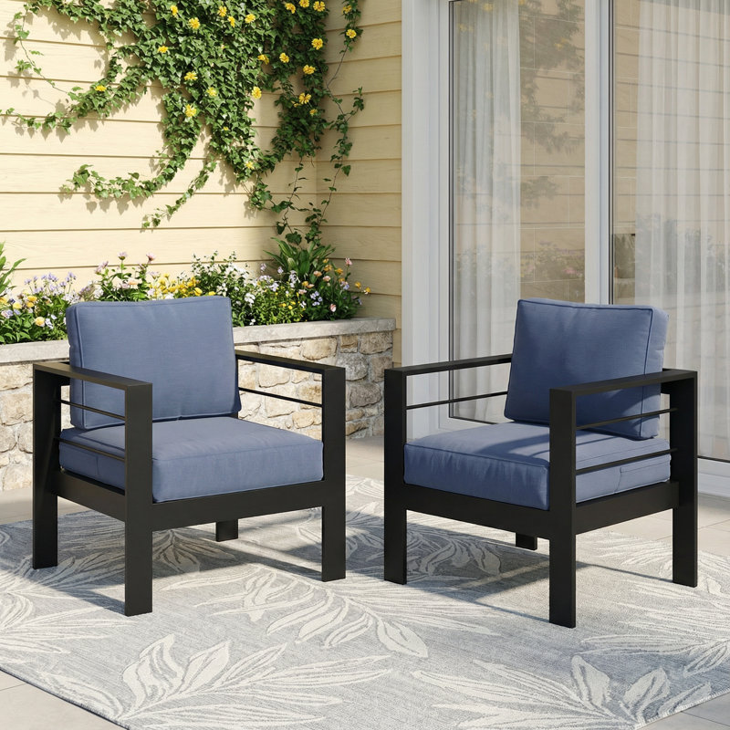 2 Piece Patio Aluminum Chair, Black/Blue