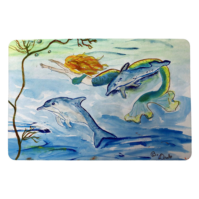Tapis d'entrée / extérieur antidérapant Renay Mermaid and Dolphins, l 30 po x L 50 po