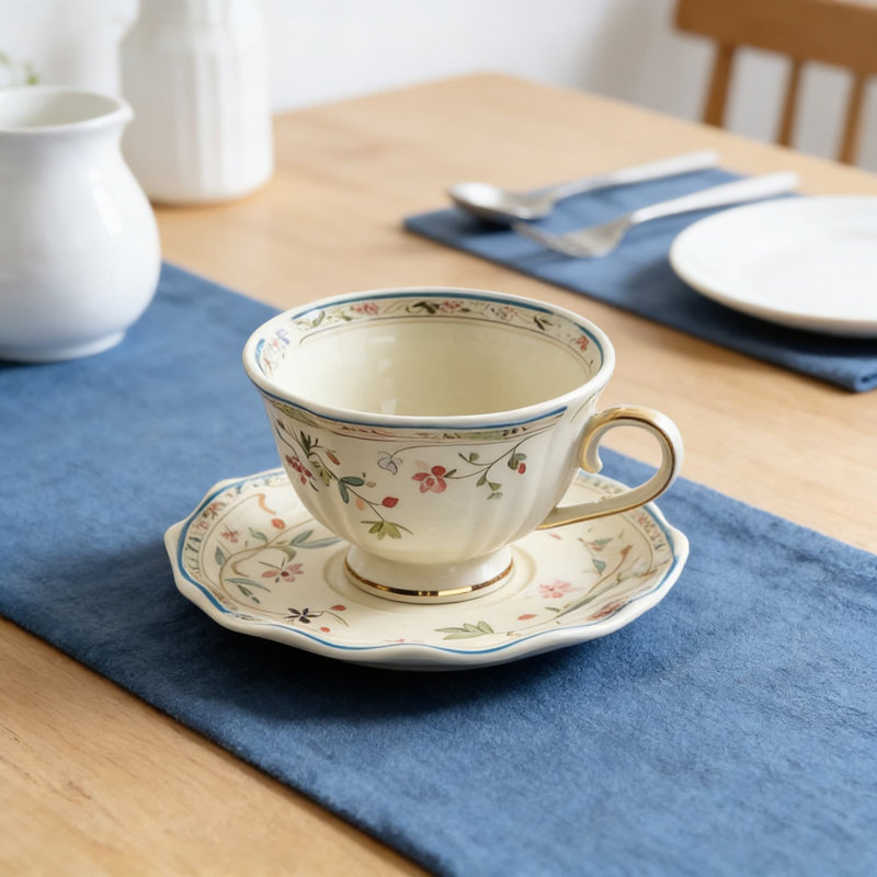 Ensemble de tasse à thé et soucoupe en céramique rétro avec cuillère en acier inoxydable personnalisée | Tasse à café 8 oz avec assiette de 6 pouces | Ensemble-cadeau pour le thé élégant, lavable au lave-vaisselle et au micro-ondes