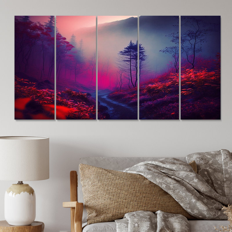 Coucher de soleil qui brille dans la brume, forêt d'automne, impression d'art mural forêt, 5 panneaux égaux