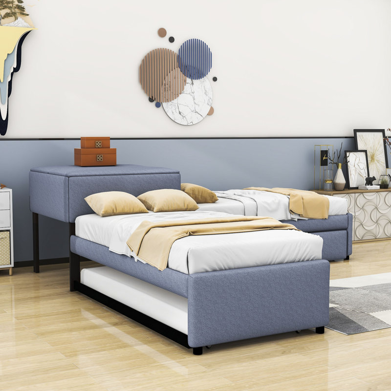 Twin Size 2 Drawers Upholstered L-shaped Platform Beds with Trundle