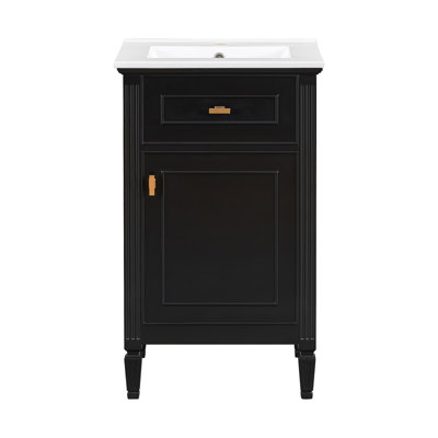 Meuble-lavabo noir de 20 po avec lavabo, pieds en bois massif, tablette réglable, tiroir inclinable, boutons en alliage de zinc, armoire autoportante moderne pour petite salle de bain
