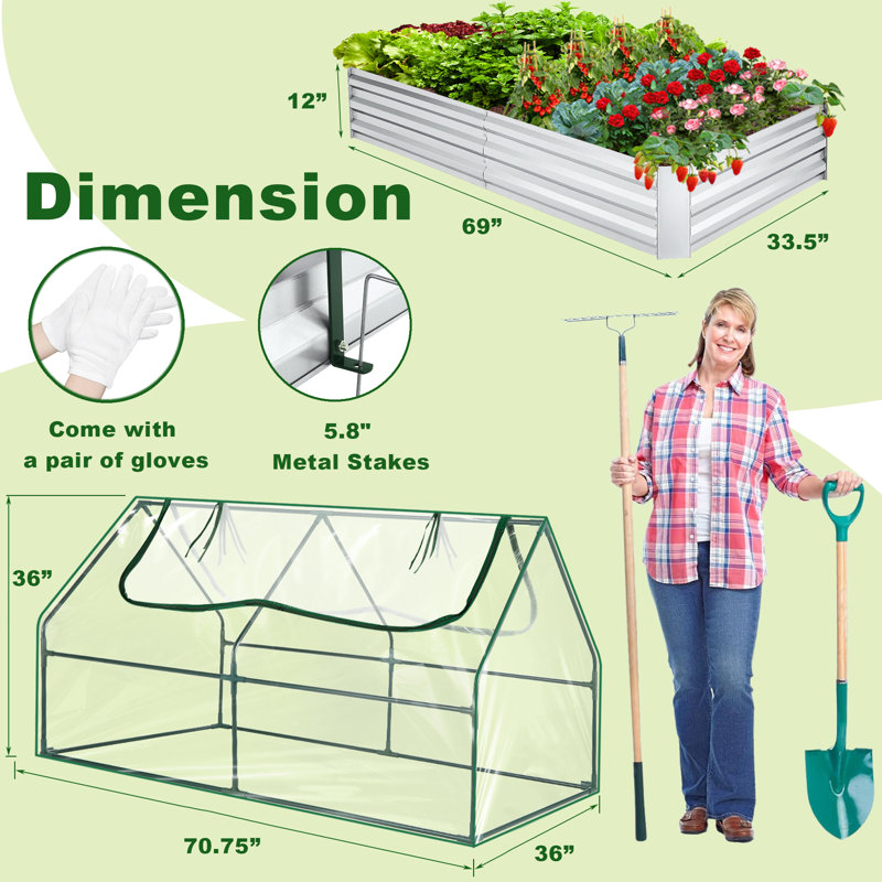 Denishia 2Pcs 6x3x2ft Galvanized Metal Raised Garden Bed with Greenhouse Cover, Silver, 2