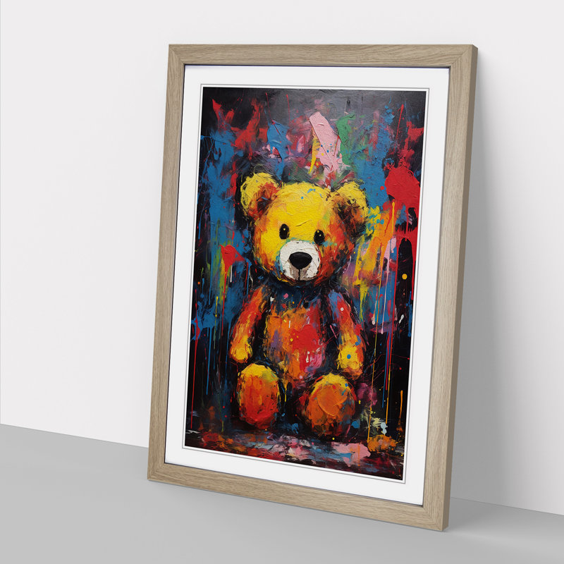 Teddy Bear Expressionism No.2 - Single Picture Frame Print on Wood, 34cm H x 25cm W x 2cm D, Oak