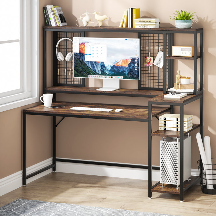 Tribesigns 42 in. Computer Desk Wood Brown Office Desk Study Desk with Hutch and Shelves for Small Space