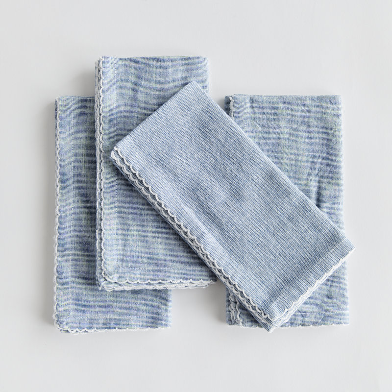 Serviettes de table en coton Atoka Nuit Bleue, Festonné, Bord festonné