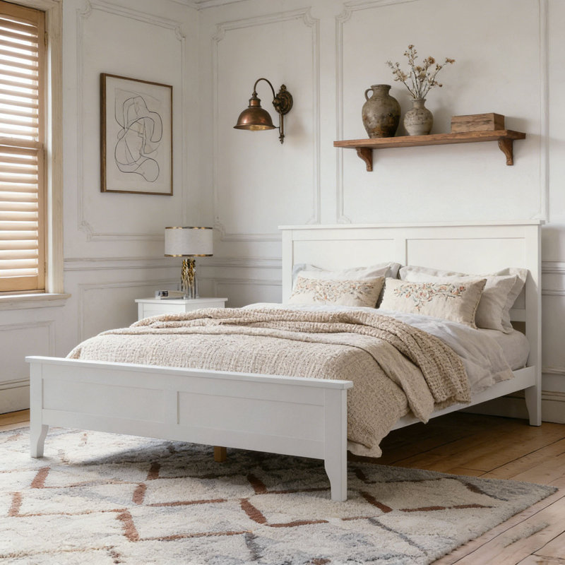 Modern Solid Wood Platform Bed, White, King