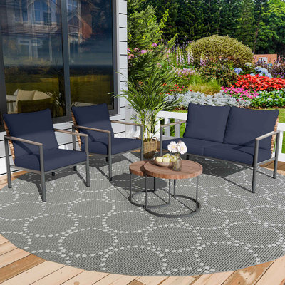 4 Pieces Patio Furniture Set, Outdoor Wicker Patio Conversation Set,Double-Person Sofa, Two Single-Seater Chairs & Coffee Table with Thick & Soft Cushions