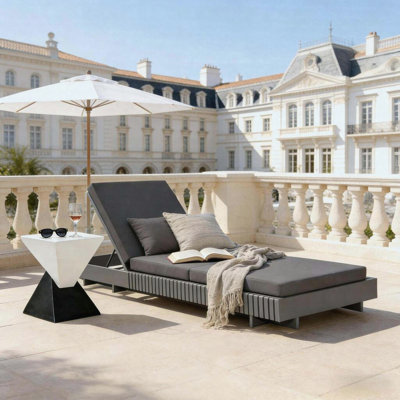 Dark Grey Acacia Solid Wood Outdoor Chaise Lounge with Dark Grey 3-Fold 4-Inch Water-Repellent Cushion 6-Position Adjustable Recliner 400lbs Patio Sun