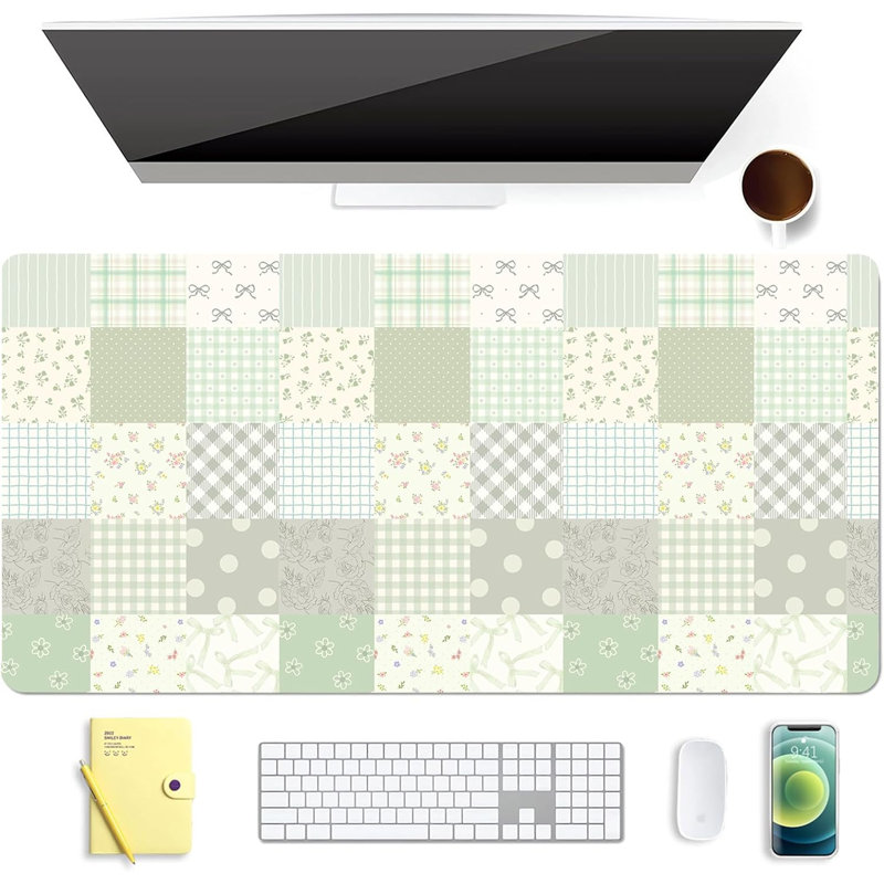Mignon tapis de souris pour clavier de jeu à carreaux écossais vert, tapis de bureau en cuir antidérapant, grand tapis de bureau pour ordinateur portable 27,5 po x 12 po