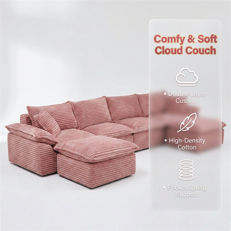 Canapé modulaire surdimensionné en U 144 po avec repose-pieds mobile en velours côtelé 144 po, Pink