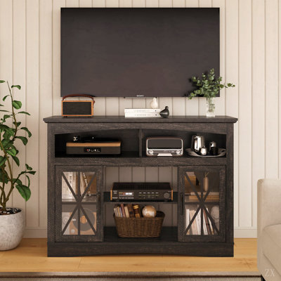 Meuble télé 47 po avec tablettes réglables, console de télévision rétro avec portes en verre et lumières DEL, meuble de rangement multimédia pour salon, chambre à coucher et cuisine