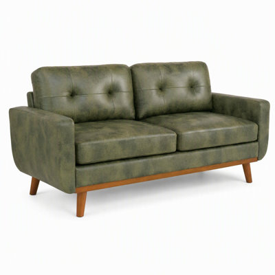 Causeuse minimaliste moderne vert olive de 65 po: un canapé deux places de style Mid-Century avec tissu en polyester respirant et pieds en bois massif - Idéal pour les petites maisons et les appartements.