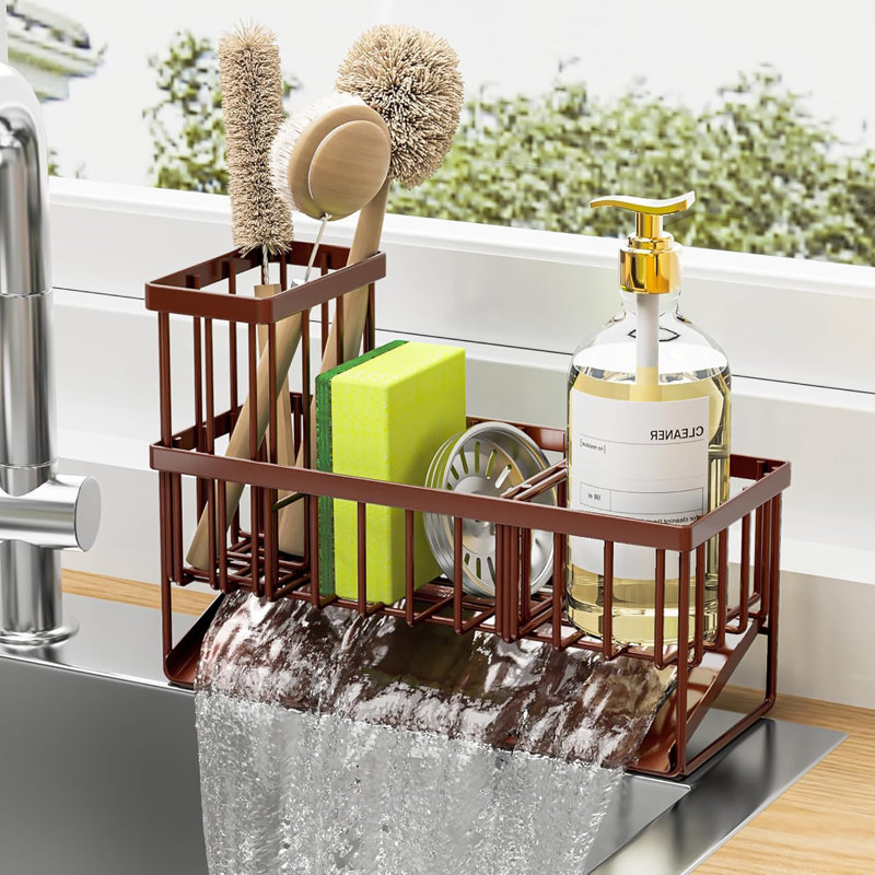 304 Rustproof Stainless Steel Kitchen Sink Caddy, High Brush Holder, Sponge Holder & Soap Dispenser Organizer, Brown