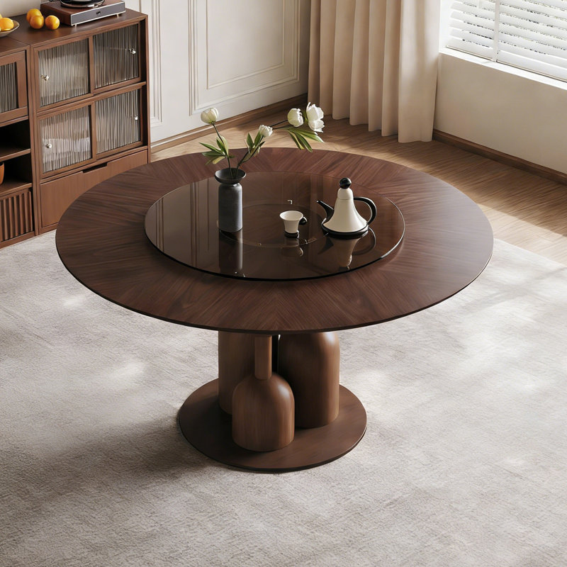 Table de salle à manger ronde 59 pouces en chêne naturel Wabi-Sabi avec plateau tournant en verre trempé de 35 pouces
