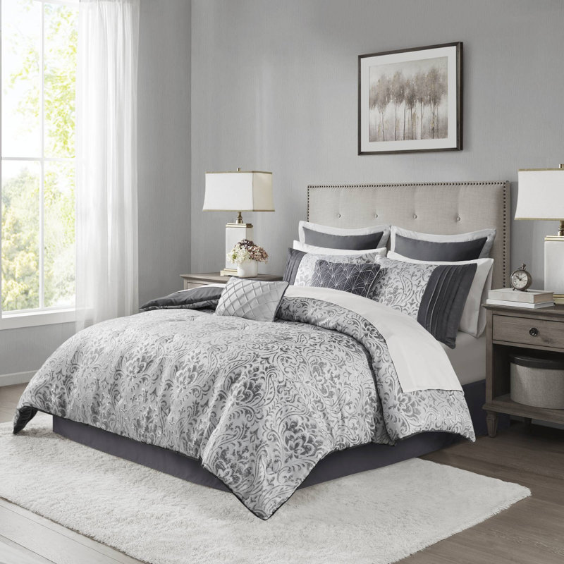 Ensemble d'édredon en jacquard avec draps 12 pièces Emilia, Édredon très grand californien + 11 pièces supp, Argent
