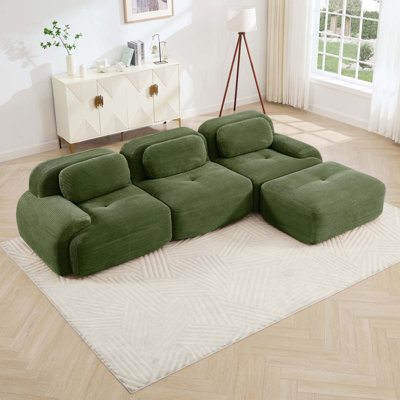 Canapé en velours côtelé 3 places avec accoudoirs courbés et 1 repose-pieds multi-combinaisons anti-dérapant