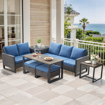 Ingvald 5 Person All-Weather Wicker Outdoor Conversation Set Seating Group With Side Table And Ottomans