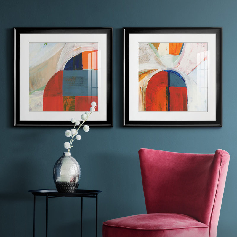 Bleu orange III - ensemble de 2 reproductions d'art graphique, Papier encadré noir, H 26,5 po x l 53 po x P 1,5 po, Blanc