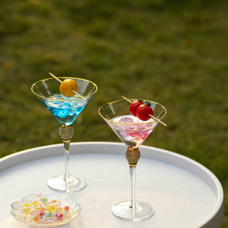 2 Piece Premium Clear Stem Crystal Martini Glasses With Rim And Diamond-like Rhinestones, Elegant 10oz Glassware Set For Cosmopolitan, Vodka, Gin And Other Cocktails, Fancy Manhattan Drinkware