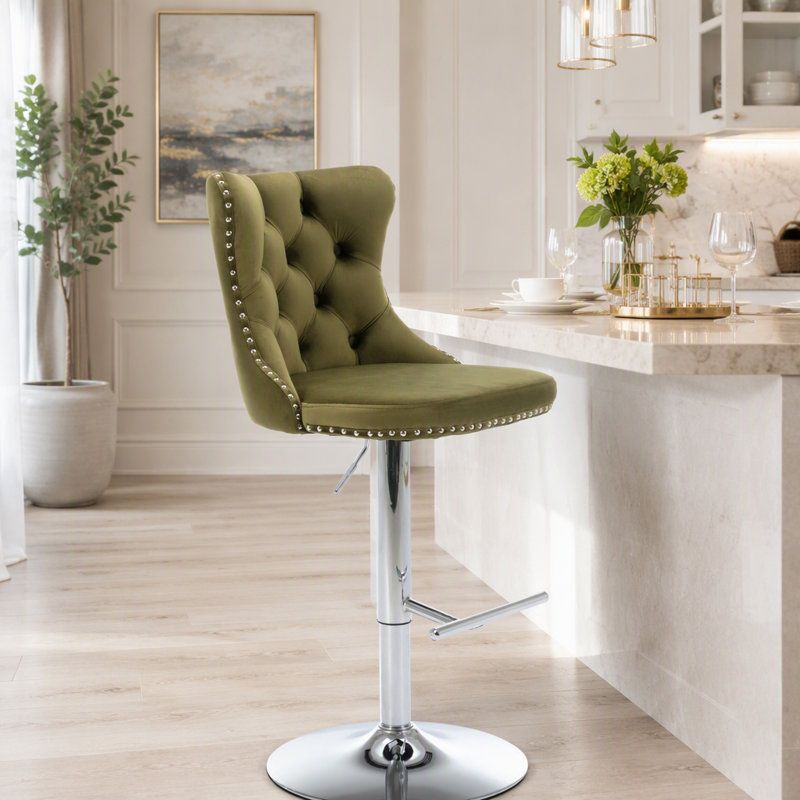 Tabourets de bar pivotants en velours à hauteur réglable de 25 à 33 pouces, tabourets de bar modernes à base chromée avec dossier capitonné et confortable pour un pub à la maison et un îlot de cuisine, vert olive, ensemble de 2,1712OL