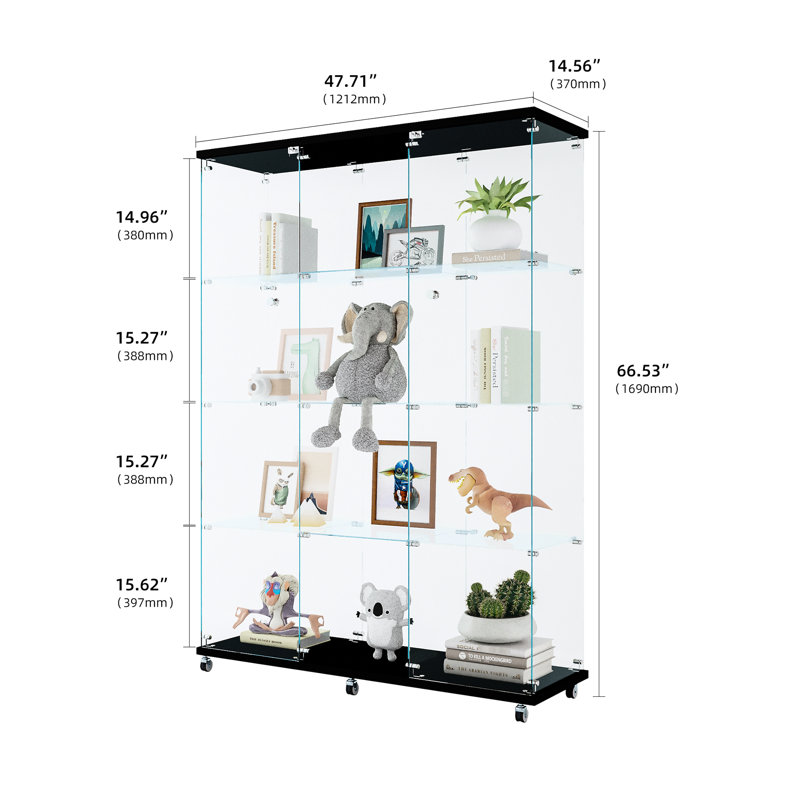 3 portes en verre trempé noir - exposition d'œuvres d'art, de figurines, d'armoire de rangement à 4 couches, de décorations, de poupées et d'objets de collection