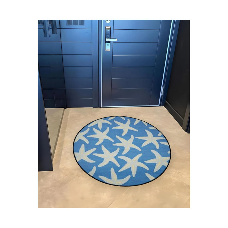 Blue Starfish Detailed Woven Base Modern Decorative Carpet, Round 5'