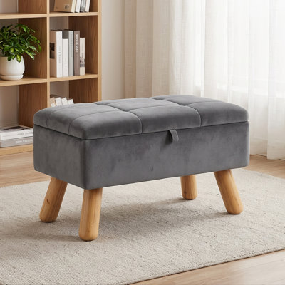 Pouf de rangement en velours, petit repose-pieds rectangulaire rembourré avec charnière de sécurité et pieds en bois, tabouret de coiffeuse capitonné avec assise rembourrée pour salon, chambre à coucher, entrée